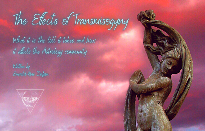 A heavily saturated sky of pink clouds, to the right is a statue of Venus with her hair blowing and a sash wrapping around her. The text on the left says in blue script, The Effects of Transmisogyny, What is it, the toll it takes, and how it affects the astrology community. Written by Emerald-Rose Deleon. The Mercury Coalition logo is water marked on the bottom left in white.